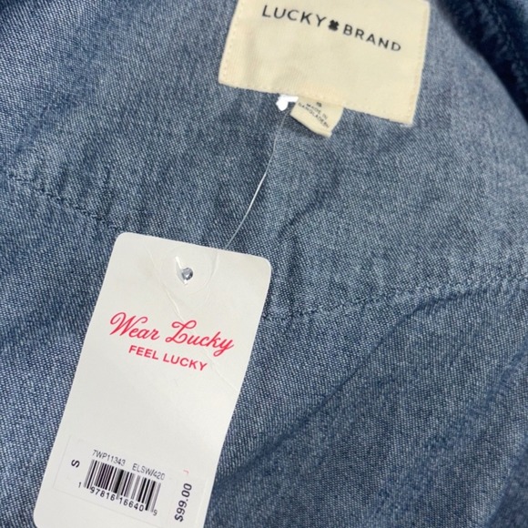 Lucky Brand Small Western Denim Medium Wash Pearl Snap Raw Hem Long Sleeve Shirt - Picture 7 of 8